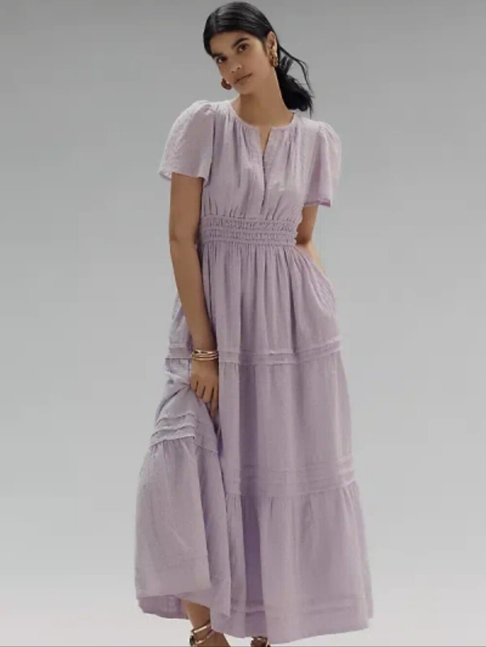 Anthropologie Smocked Somerset Maxi Dress Purple Cotton Tiered Extra Small